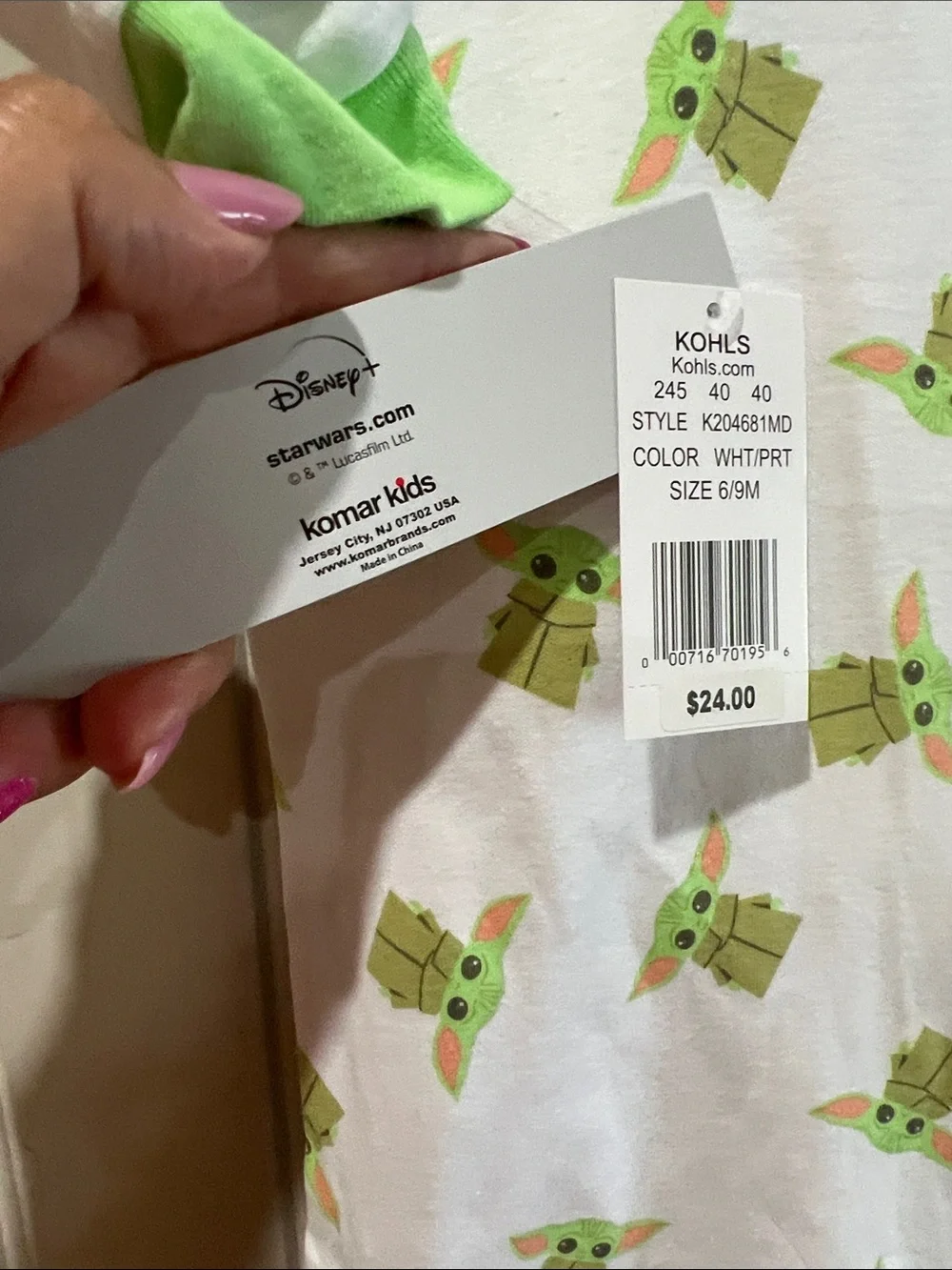 Disney Baby White Footed One-Piece with Green Grogu Print